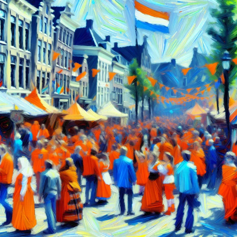 Schilderij van Koningsdag in Nederland, kleurrijke vrijmarkt en feestelijk geklede mensen in oranje