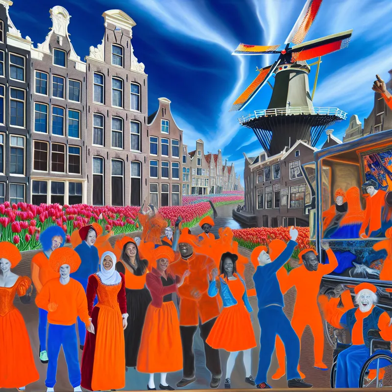 Een levendig straatfeest tijdens Koningsdag met mensen in oranje kleding, traditionele tulpen en windmolens op de achtergrond.