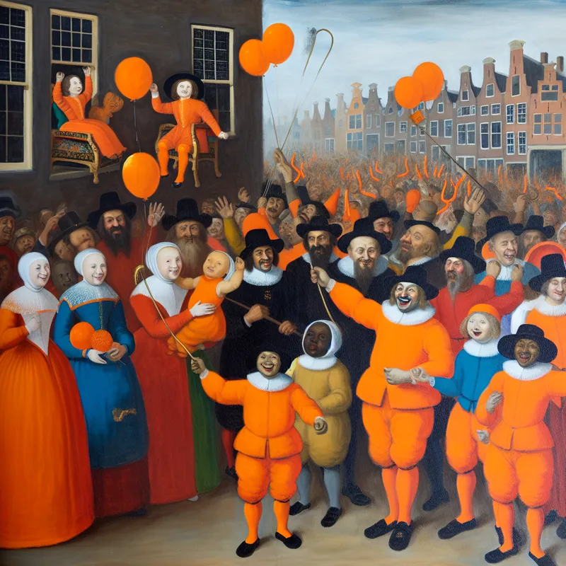 Een vrolijke scène van een familie die samen Koningsdag viert met feestelijke oranje kleding, kinderen met ballonnen en volwassenen die vlaggen wuiven, op de achtergrond zijn iconische Nederlandse gebouwen zichtbaar.