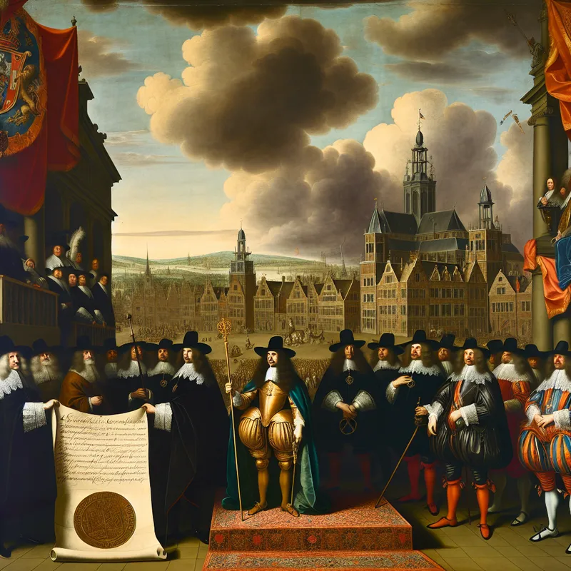 17e-eeuwse Nederlandse koninklijke proclamatie met een koning die een officieel decreet bekendmaakt, omringd door ambtenaren in een stadssquare onder een dramatische lucht