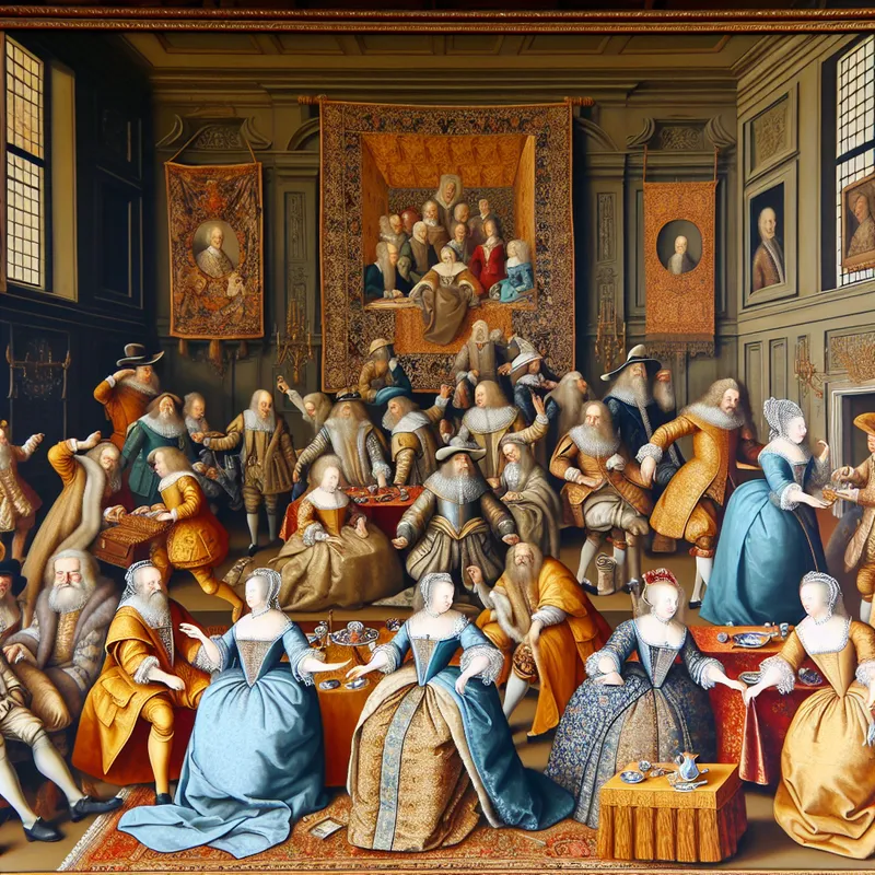 Een levendig tafereel van een koninklijke familie in historische kledij die samenkomt in een weelderig paleis.