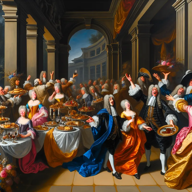 Barokke scène van een koninklijke ontvangst met weelderige gastvrijheid en overdadige details, geïnspireerd op Peter Paul Rubens