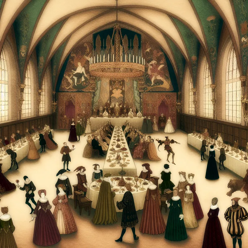 Koninklijke hofhouding in sprookjesachtige stijl met koning op troon, edelen in historische kleding en feestelijke banketzaal