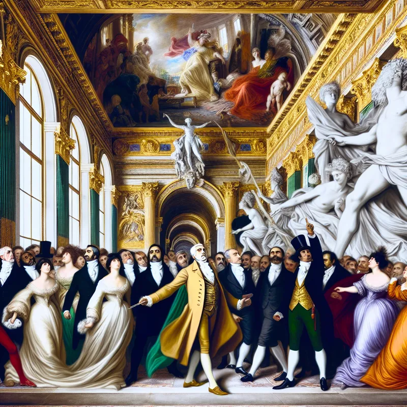 Barokke schildering van een koninklijke rondleiding in een groot museum met klassieke kunstwerken en weelderige architectuur