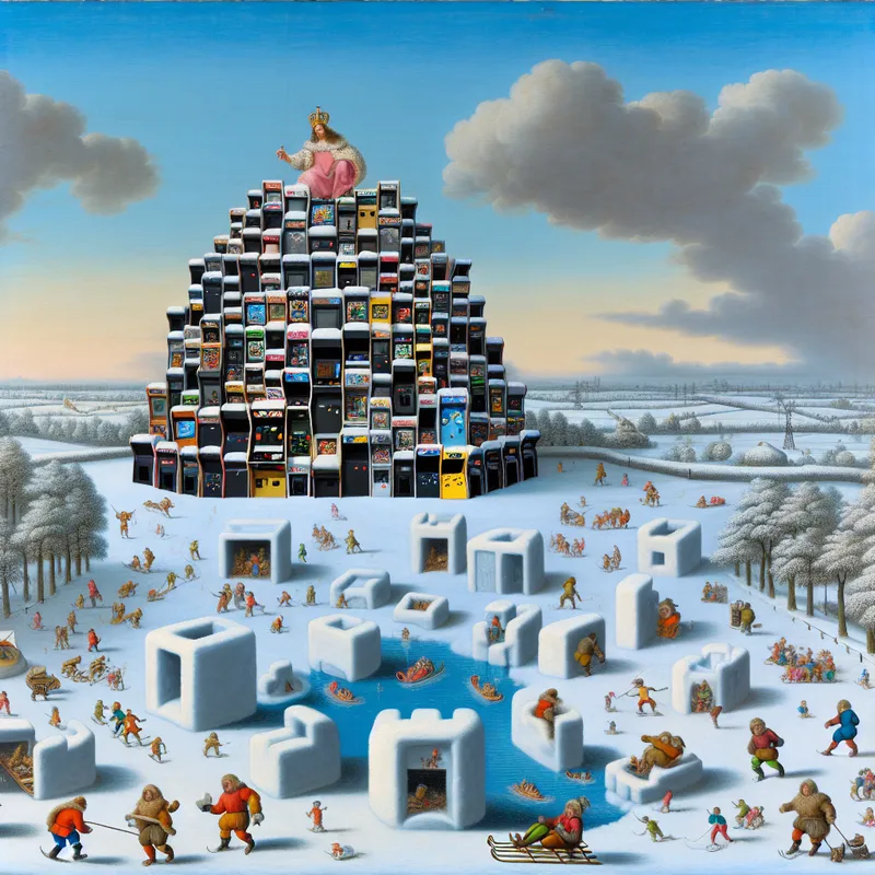 Fantastische winterse scène van een koninkrijk van videospellen met een koning op een troon van arcadekasten en spelconsoles, omringd door figuren die schaatsen op een gepixelde vijver en sneeuwkastelen bouwen in de stijl van Hendrick Avercamp