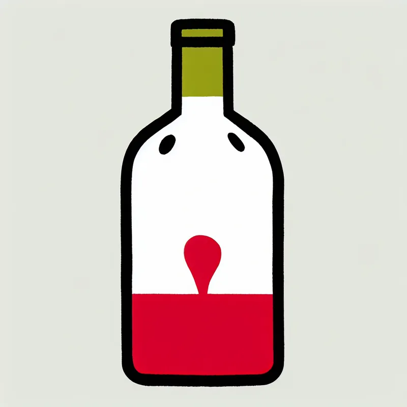 Minimalistische illustratie van een wijnglasfles met een restje rode wijn in het kontje, in de stijl van Dick Bruna