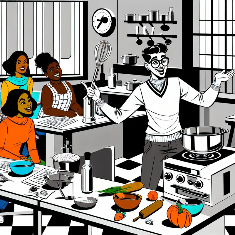 Een enthousiaste jonge man leert zijn vrienden kooktechnieken in een moderne keuken met een retro-futuristische stijl.