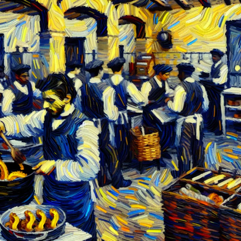 Jonge man volgt kookles in professionele keuken met Van Gogh-stijl, levendige kleuren en dynamische penseelstreken