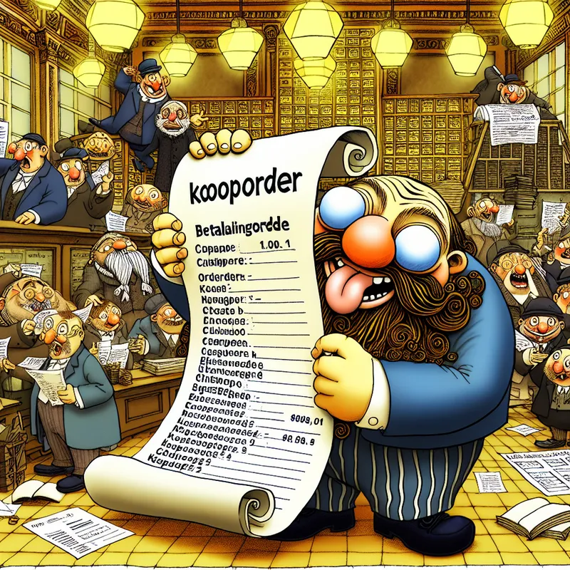 Vrolijke cartoonbankier met reusachtige kooporder in een drukke beurskantoor-scène in de stijl van Marten Toonder