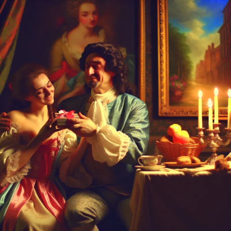 Barokke voorstelling van een liefdevol stel in huiselijke sfeer, waarbij de man speels 'papa' wordt genoemd als koosnaam voor een geliefde partner