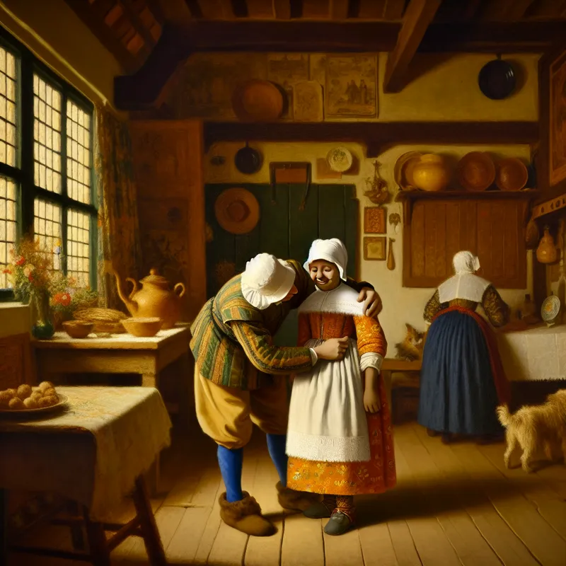 17e-eeuws Hollands tafereel van een volwassene die een klein meisje genaamd 'prinses' liefdevol omhelst in een gezellige huiskamer, in de stijl van Jan Steen