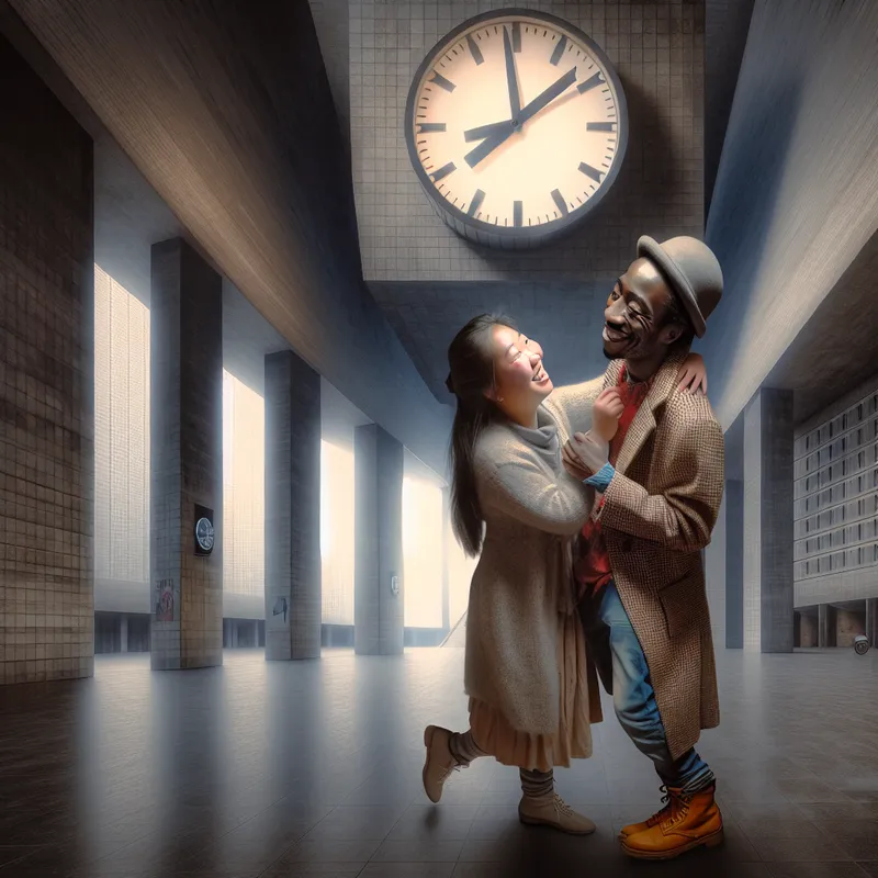 Twee hechte vrienden of partners delen een warm, intiem moment in een surrealistische stedelijke omgeving, waarbij de een speels 'Kom op, ouwe, we gaan ervoor!' zegt als koosnaam