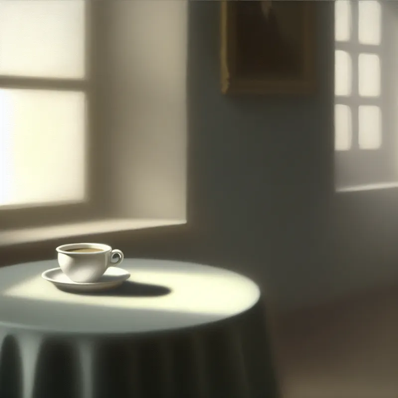 Een enkele kop koffie op een klein, rond tafeltje bij een raam met zacht, diffuus licht.