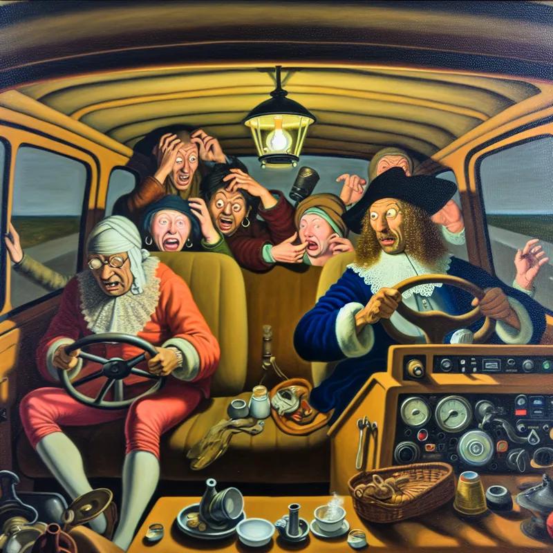 Gedetailleerde scène in de stijl van Jan Steen van een chaotisch maar warm moment in een auto bij schemering, waarbij de bestuurder vergeet de koplampen aan te doen