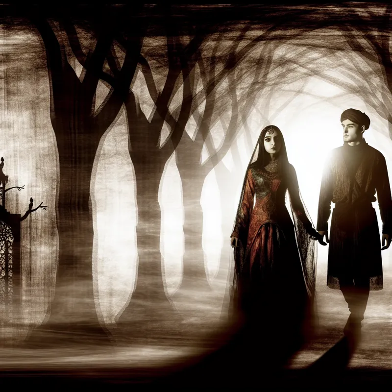 Een koppel wandelt hand in hand door een donker park vol schaduwen