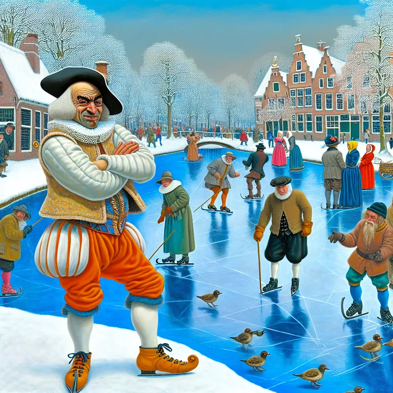 17e-eeuwse winterse taferelen op een bevroren Hollands kanaal in Kampen met een koppige Kamper in traditionele kledij, omringd door schaatsers en dorpsbewoners