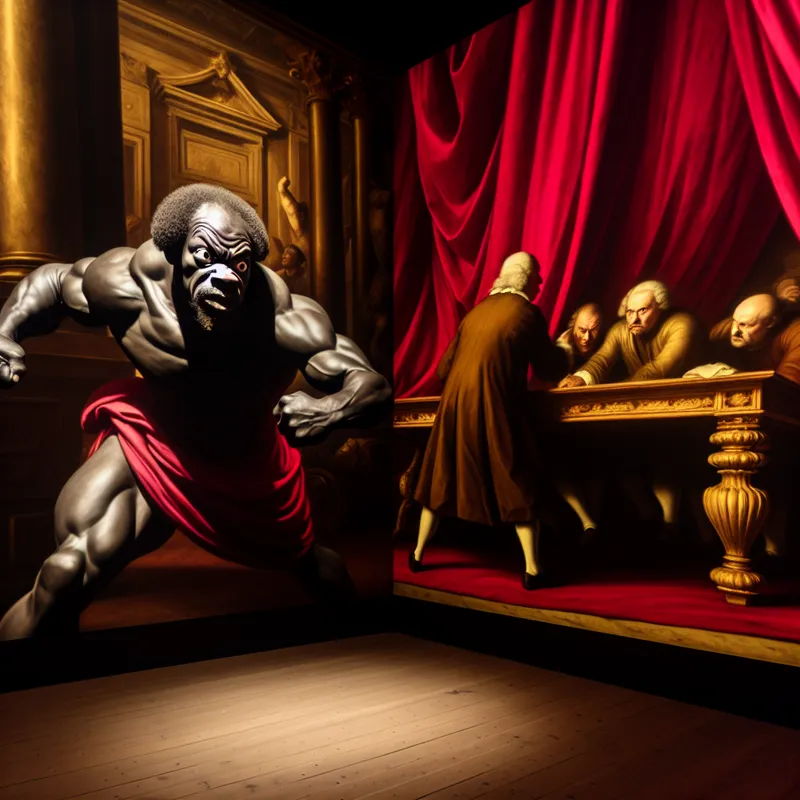 Barokke scène van een koppige, vastberaden man in onderhandeling, met gespannen houding en intense blik, geïnspireerd op Peter Paul Rubens