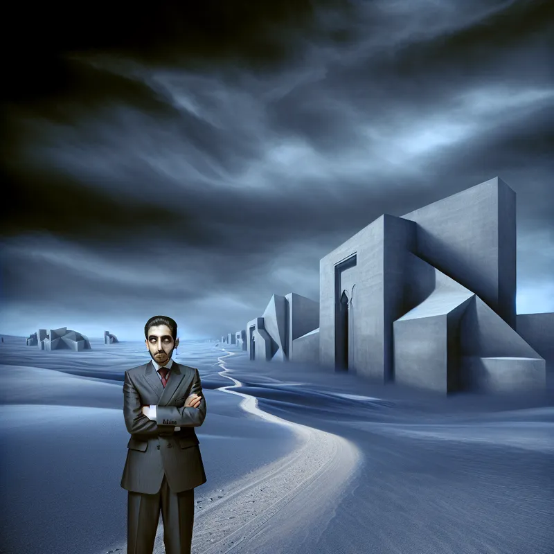 Hyperrealistisch surrealistisch schilderij van een koppige persoon in formeel pak, staand op een uitgestrekte vlakte met een vastberaden houding, symboliserend vasthoudendheid en doorzettingsvermogen