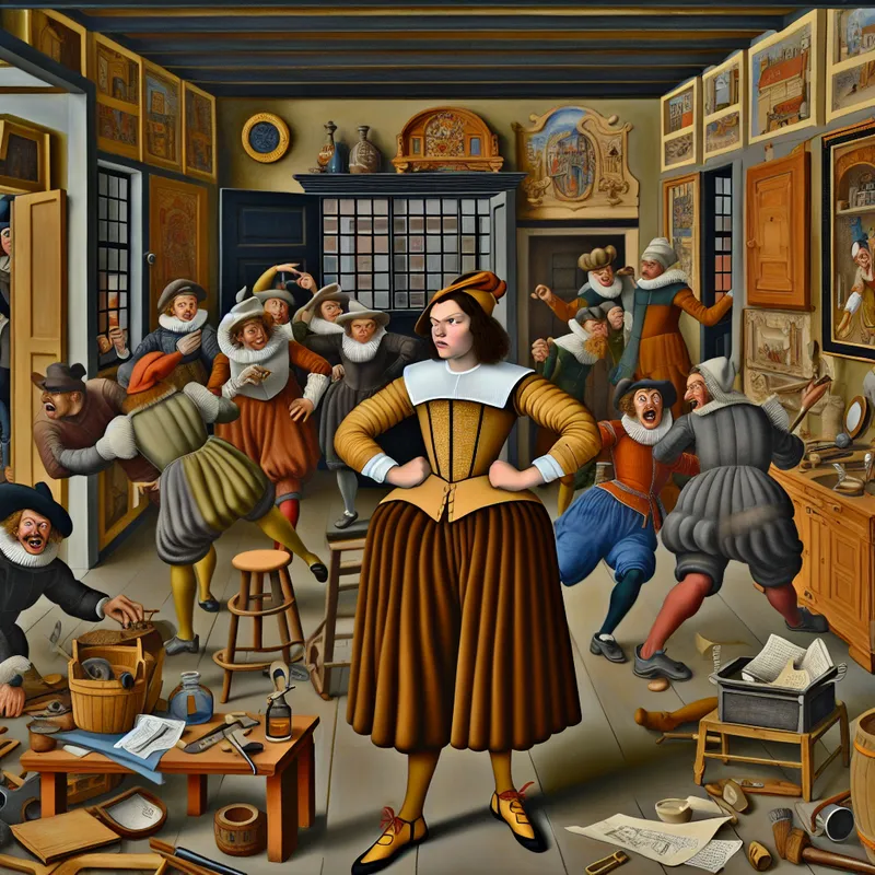 17e-eeuwse Nederlandse scène in de stijl van Jan Steen met een kordate jonge vrouw die een chaotische werkplaats organiseert, omringd door gereedschap en bewonderende omstanders