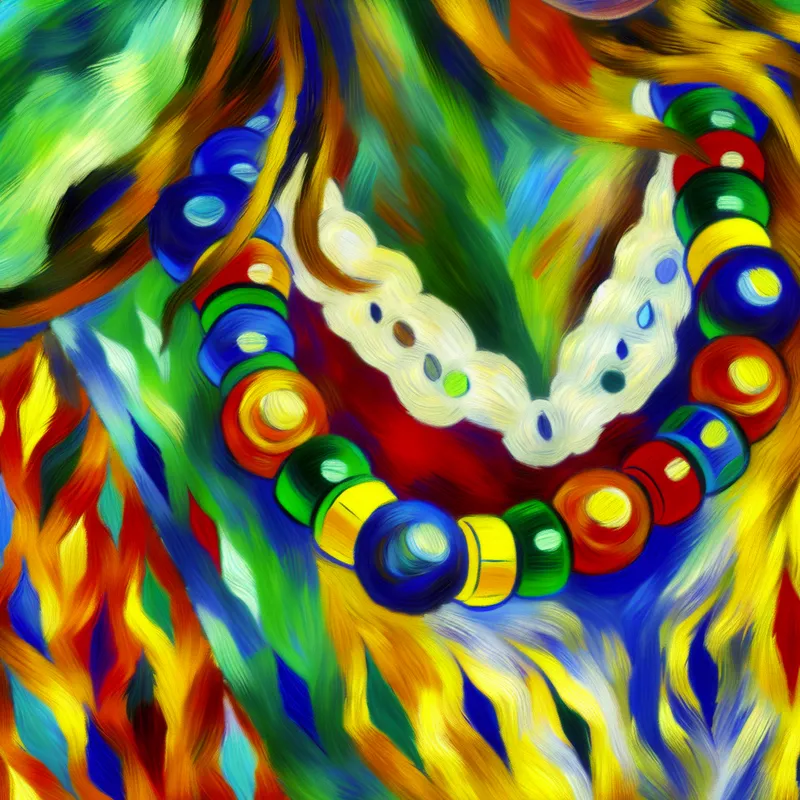 Abstract schilderij van een vrouw met een korte, kleurrijke kralenketting in de stijl van Karel Appel