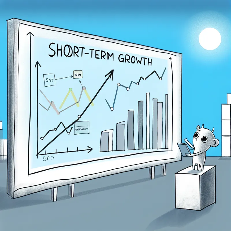 Minimalistische illustratie van een financieel analyse scenario met een focus op korte termijn investeringen; een cartoonachtig personage kijkt naar een digitaal scherm met grafieken.