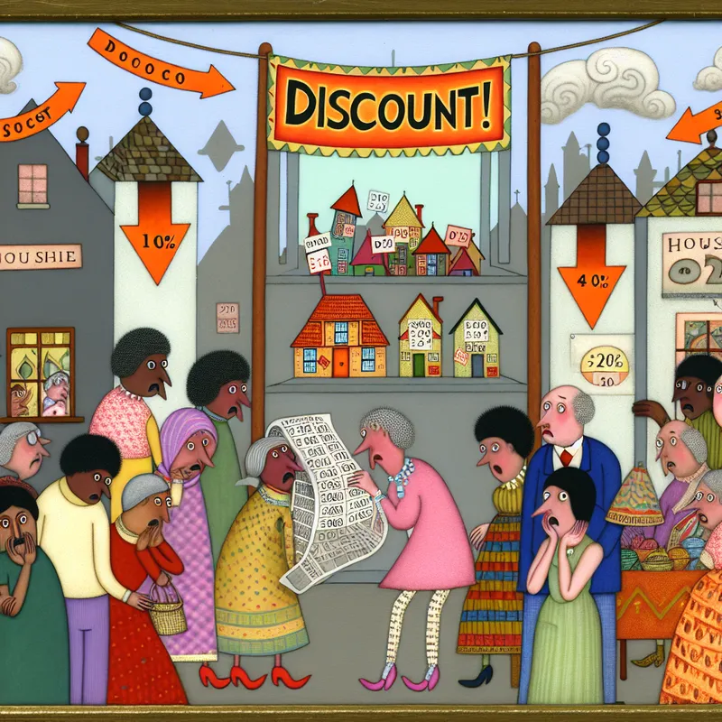 Levendige marktscène met een kleurig bord 'Korting!' en prijsdalingen op huizen en aandelen, met bezorgde personages in een sprookjesachtige setting.