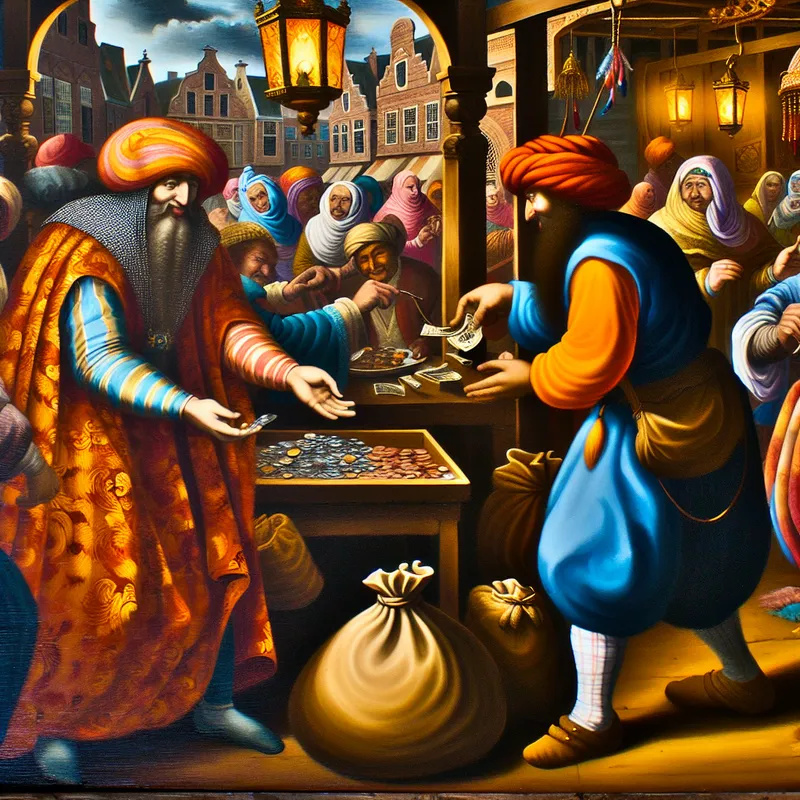 17e-eeuwse Nederlandse marktscène met handelaar en klant die onderhandelen over een voorwerp, kosten afwegend