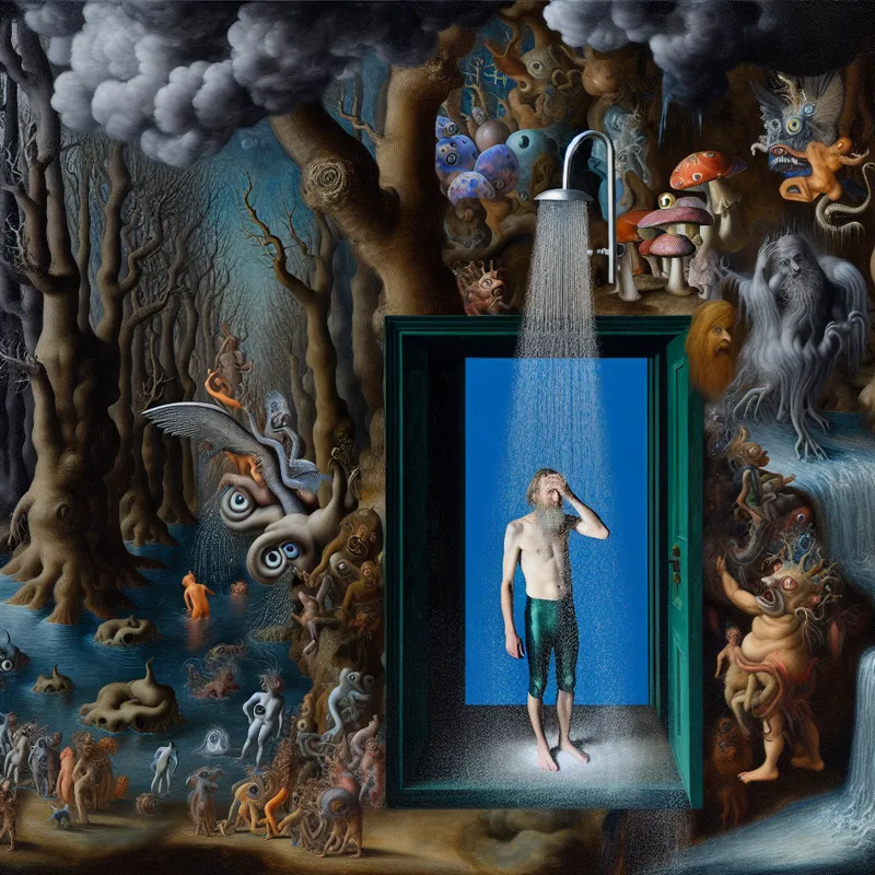 Surrealistisch tafereel van een persoon die een plotselinge, overweldigende stortvloed van water ervaart in de stijl van Jheronimus Bosch, symbool voor een 'koude douche' in figuurlijke zin
