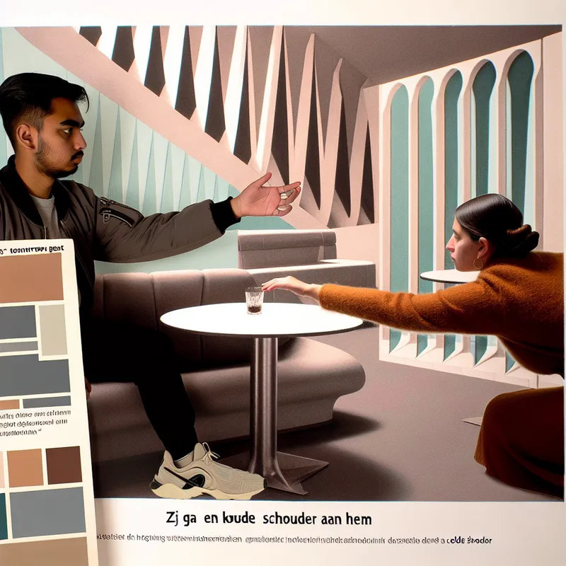 Een persoon met een koude uitdrukking die aan een minimalistische tafel zit en zich afwendt van een ander in een stijlvol café, met geometrische vormen op de achtergrond.