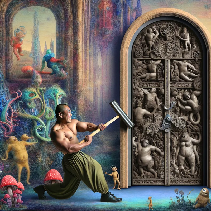 Een sterke figuur met gespierde armen die zich inspant om een enorme, zware deur te openen, omringd door bizarre planten en wezens in een fantasierijke omgeving.