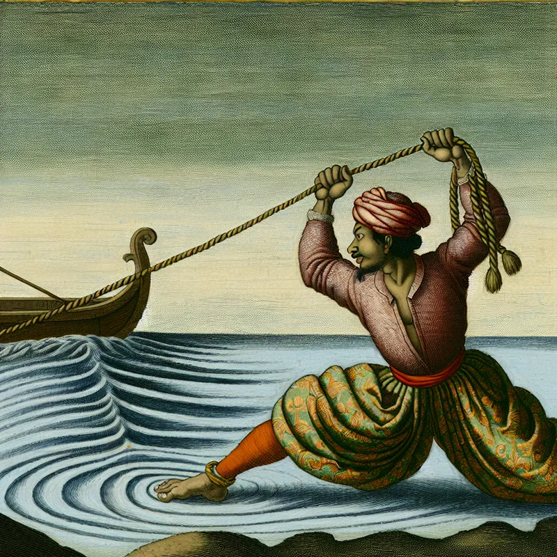 Persoon trekt met grote kracht aan een touw om een boot naar de oever te halen, spieren gespannen in een realistisch schilderij in de stijl van Gerard ter Borch