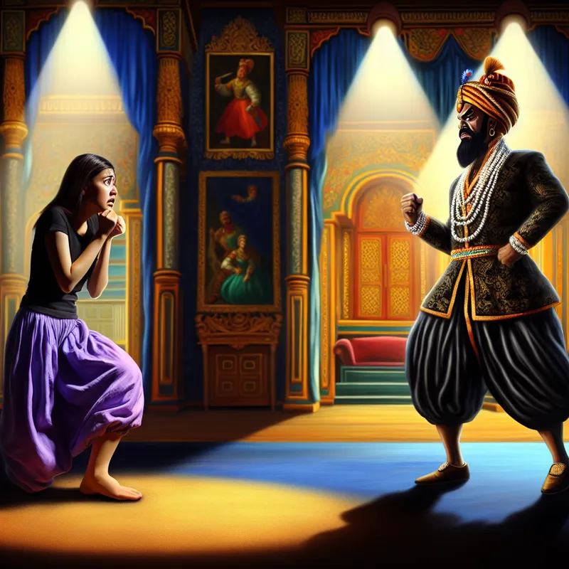 Een vrouw staat nerveus met trillende knieën tegenover een krachtige spreker in een luxueuze omgeving.