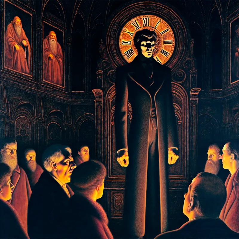 Een krachtige leider in een duistere kamer, omringd door een geboeid publiek