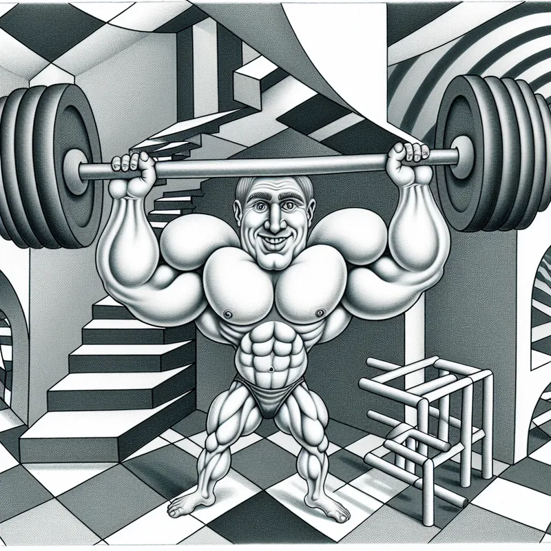 Een sterke man tilt gewichten in een surrealistische sportschool, omringd door geometrische vormen en patronen.