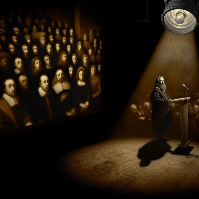 Een verlichte spreker in een donkere kamer met een gefascineerd publiek dat aandachtig kijkt.