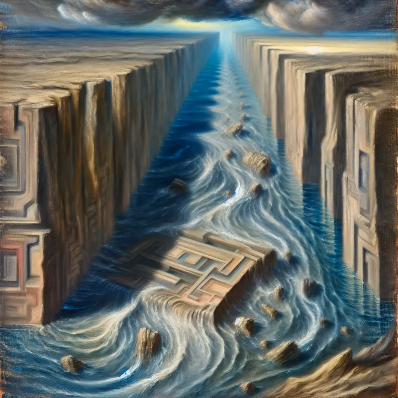 Hyperrealistisch surrealistisch schilderij van een krachtige rivierstroom tussen imposante rotsformaties en ruïnes, met kolkend water en dramatische luchten