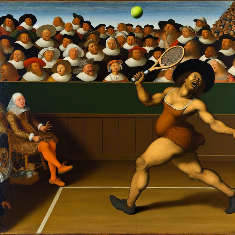 Vrouwelijke tennisspeelster serveert met volle kracht tijdens dynamische wedstrijd in stijl van Jan Steen