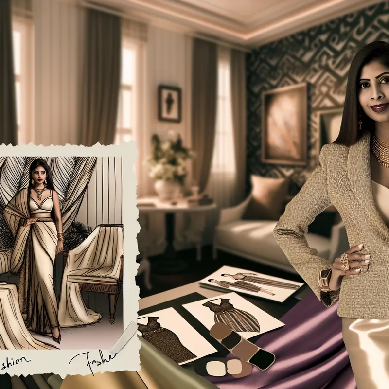 Portret van een krachtige vrouw in een luxueuze kantooromgeving, gekleed in high fashion en haar mode-imperium overzien.