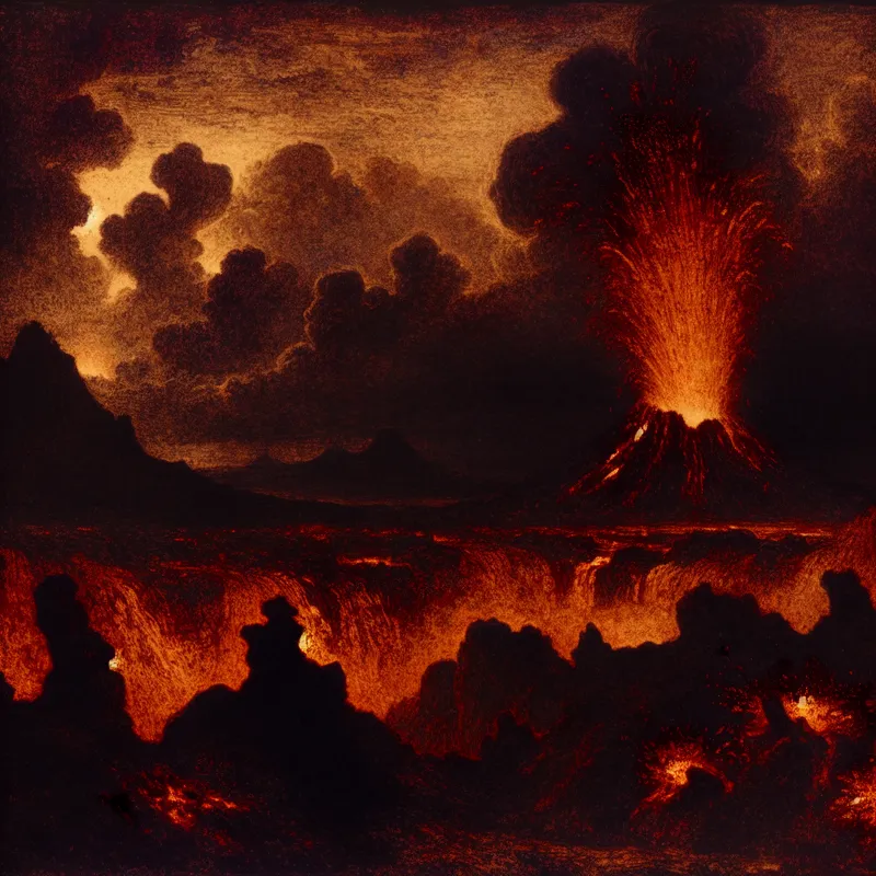 Een krachtige vulkaanuitbarsting met vuurrode lava en zware aswolken in een dramatische, gotische stijl