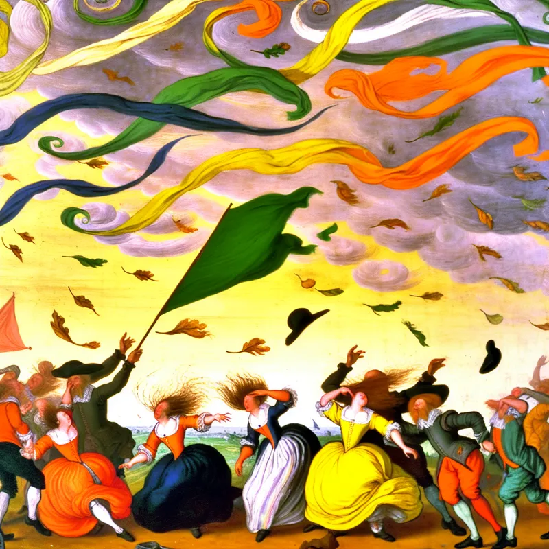 Een groep mensen in historische kleding uit de 17e eeuw wordt onverwacht verrast door een krachtige wind die hun haar en kleding in beweging brengt, met kleurrijke streamers en bladeren in de lucht.