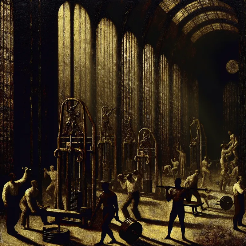 Een diverse groep mensen richt zich intensief op krachttraining in een donker verlichte sportschool, met schaduwen op de muren.