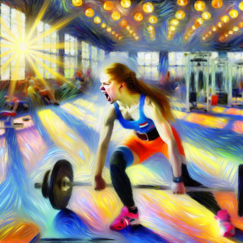 Jonge persoon tilt gewichten in een levendige sportschool, vastleggend op hun vastberadenheid om kracht op te bouwen na herstel.