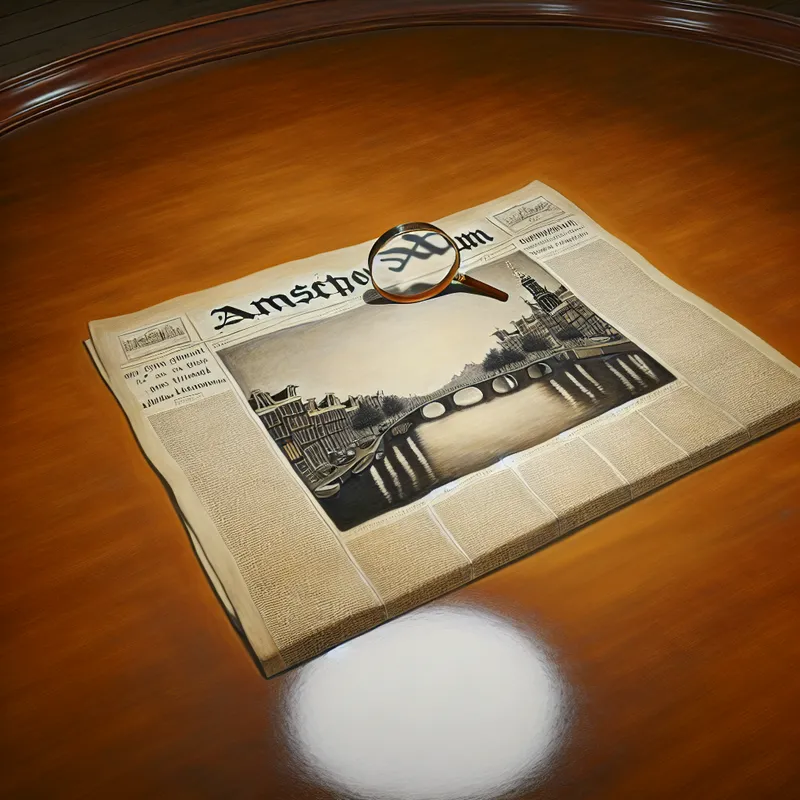 Hyperrealistisch schilderij van een krantenartikel met de titel 'Amsterdam', met een vergrootglas boven de tekst 'stuk', omringd door een surrealistisch stadsgezicht van Amsterdam