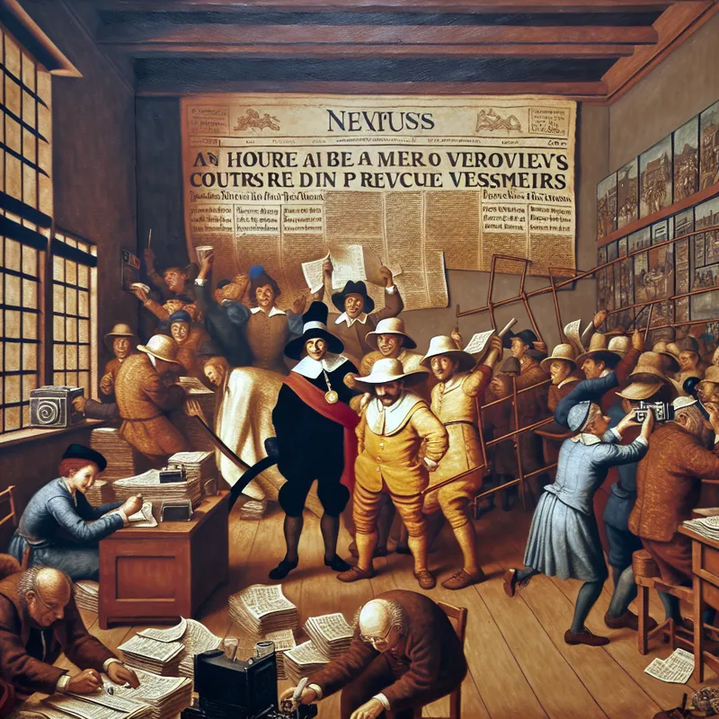 Een levendige scène in een krantenkantoor met een trotse held die een medaille vasthoudt, omringd door enthousiaste journalisten, terwijl ze notities maken en foto's nemen.