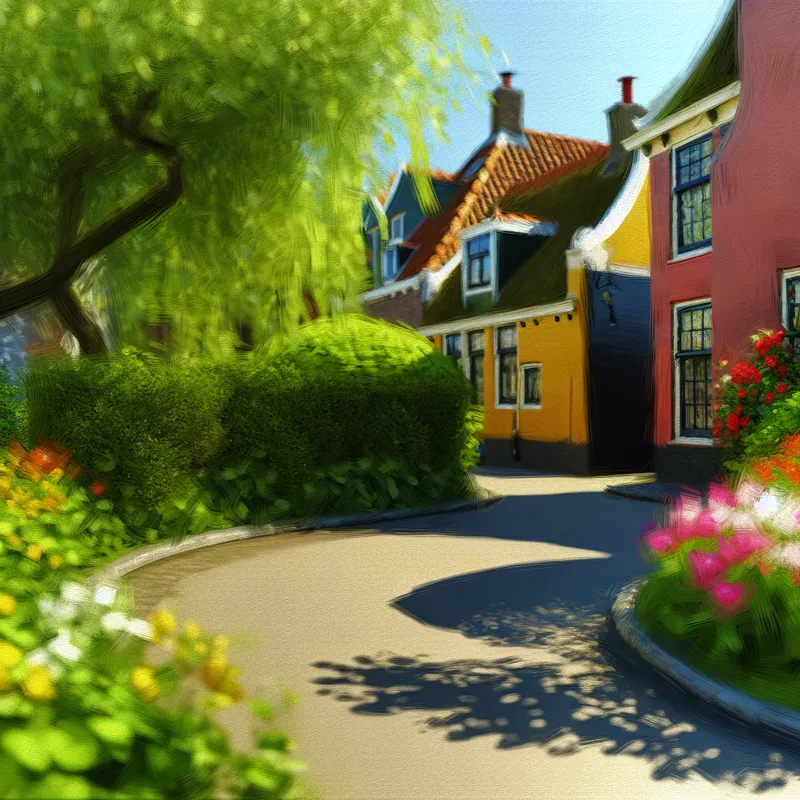 Een kronkelig pad dat om een gezellig huis heen leidt, omringd door weelderig groen en bloeiende bloemen.