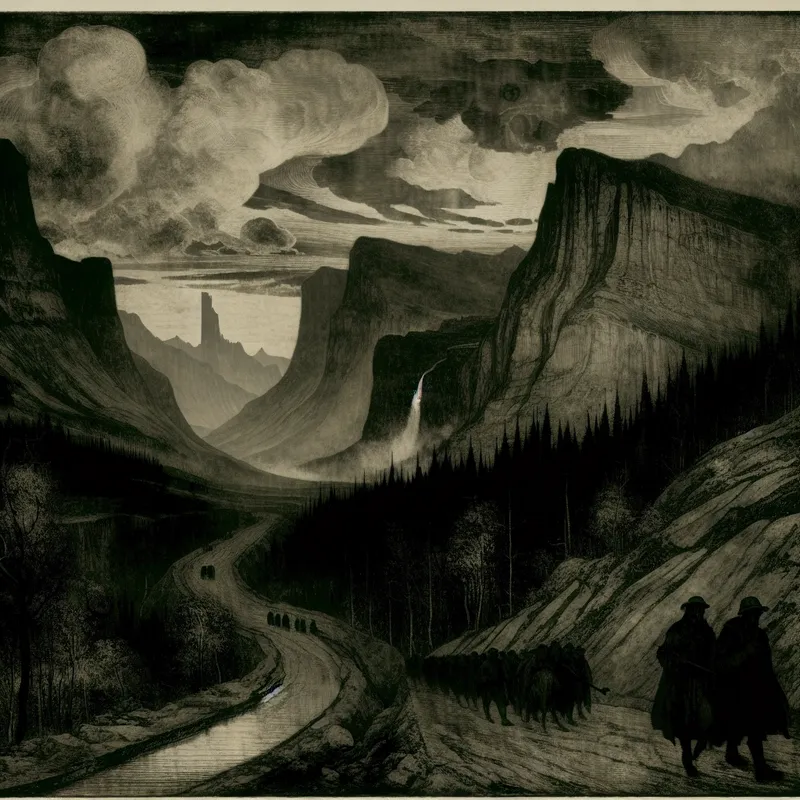 Een dramatisch uitzicht op een kronkelige path door een ongerepte natuurlijke omgeving met bergen en een bewolkte lucht.