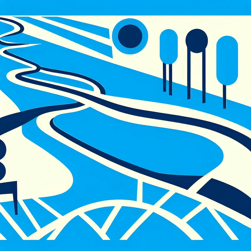 Minimalistische illustratie van een kronkelige rivier met bomen en een heldere lucht in de stijl van Dick Bruna.