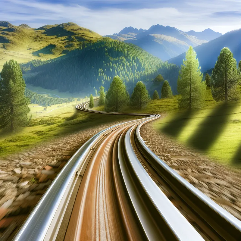 Een kronkelige spoorlijn door een serene berglandschap met glanzende rails en groene heuvels.