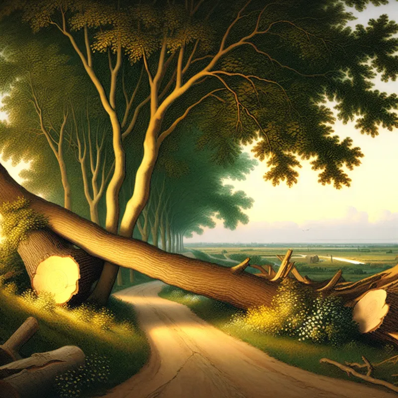 Een rustige landschap met een kronkelige weg geblokkeerd door grote omgevallen bomen als symbolen van obstakels.