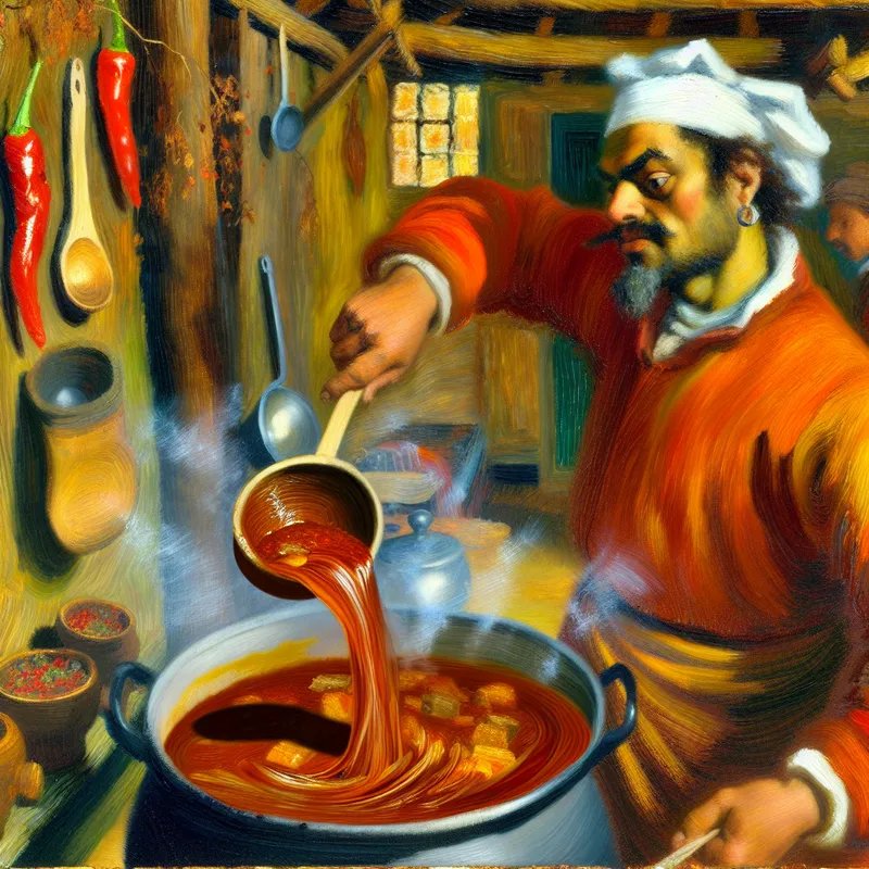 Chef giet kruidige rode paprikasaus in een borrelende goulashpot in een levendige keuken met houten keukengerei en verse paprika's